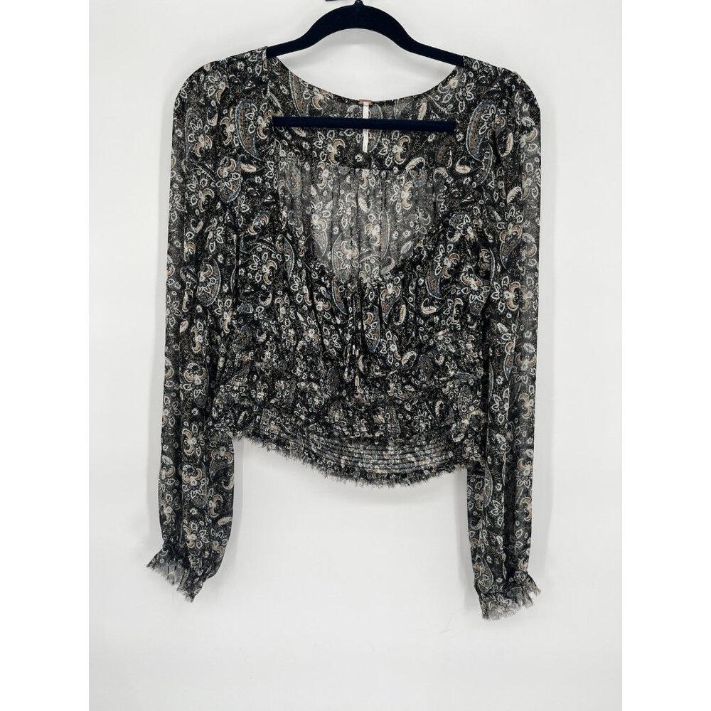 Free People Smocked Tiered Ruffle Paisley Lolita Cropped Square Neck Top M
